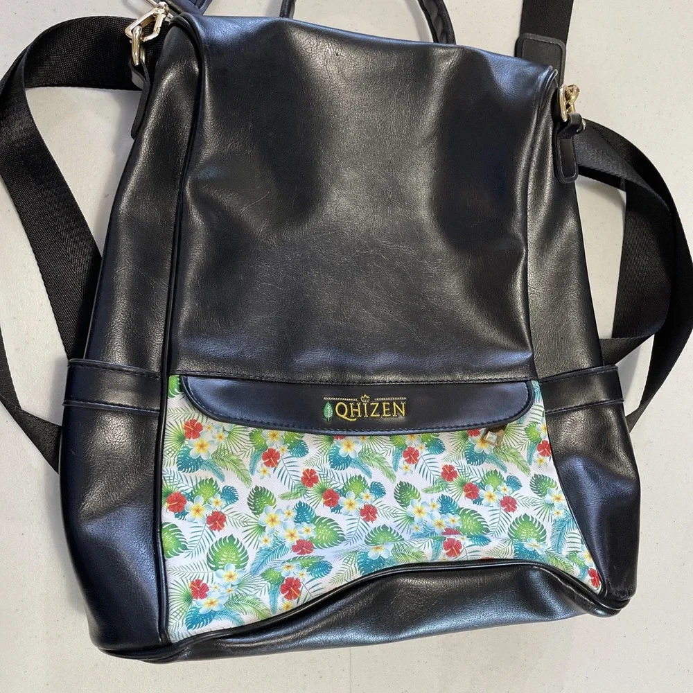 Qhizen PU, Faux Leather Backpack‎ with Floral Print Front Pocket Convertible